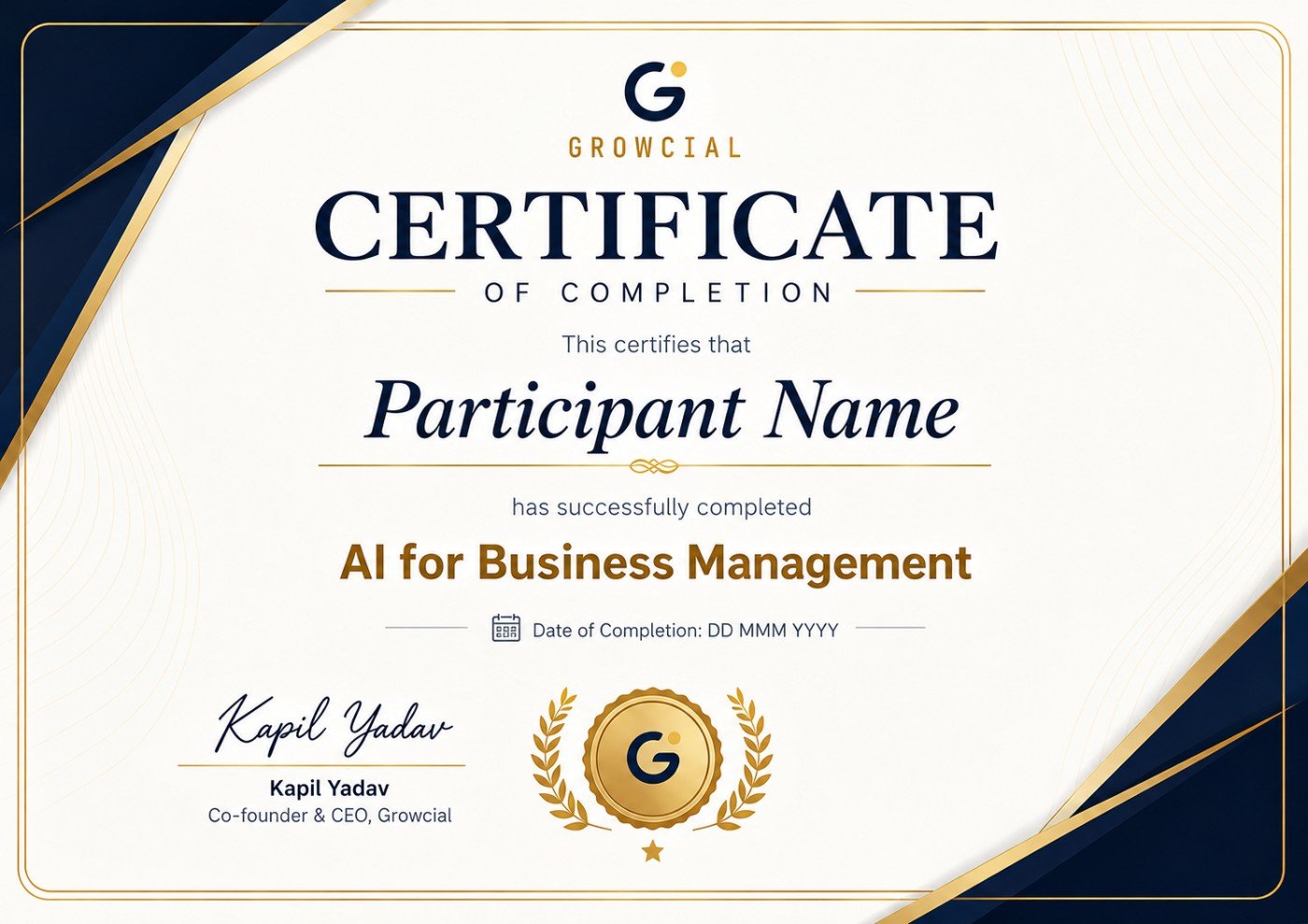 Growcial certificate of completion, showing the participant name, program title and date