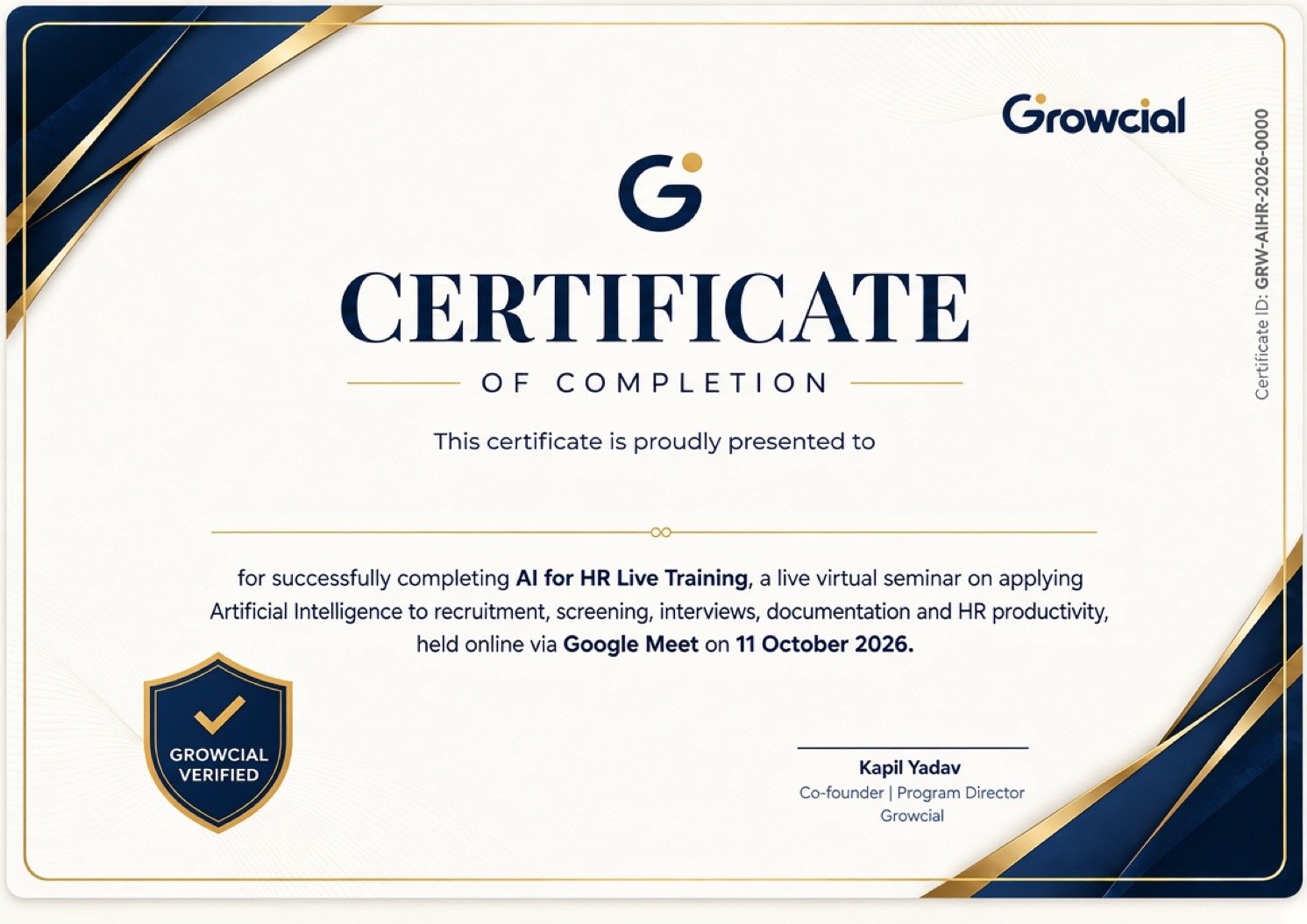 Growcial Verified certificate of completion for AI for HR Live Training
